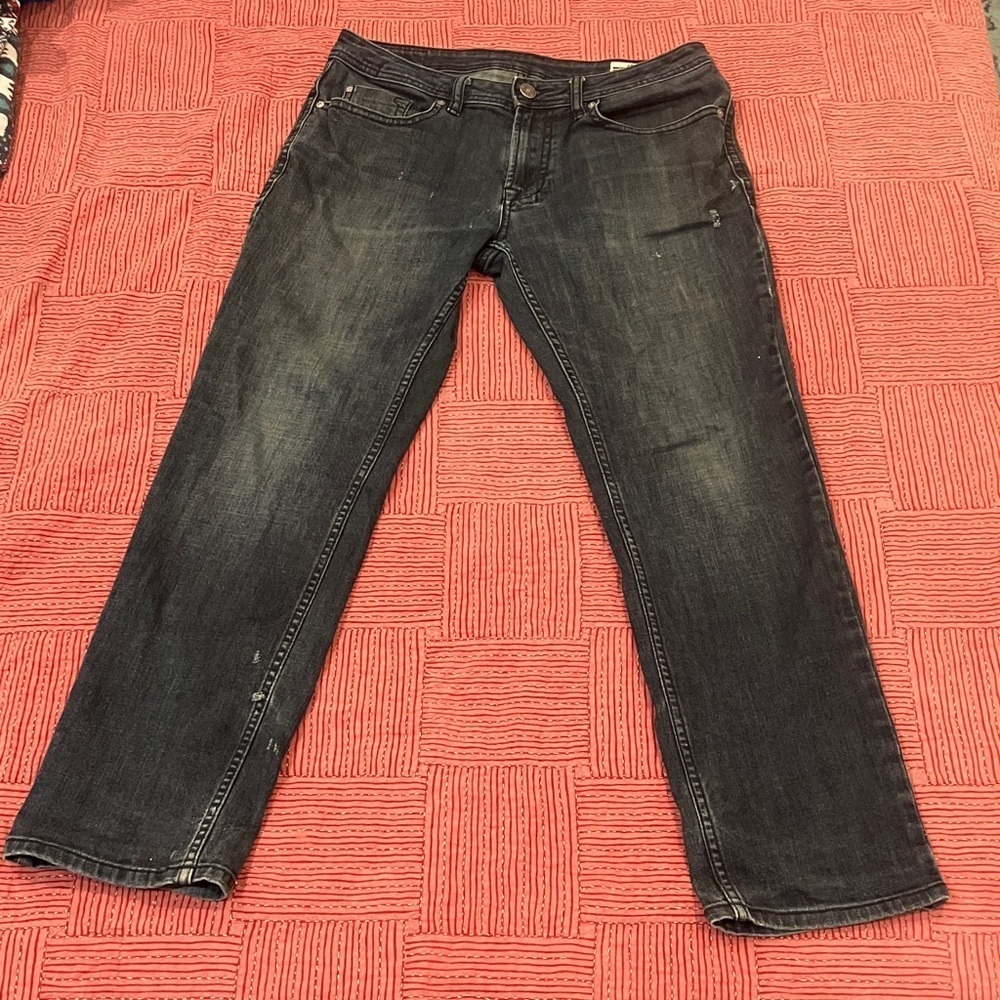 Buffalo mens W32L30 dark blue slim Straight Leg stretch Jeans distressed
